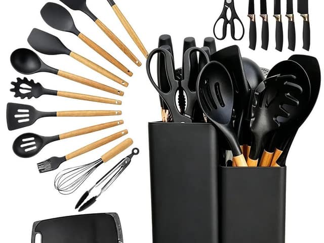 Kit 19 Peças de Utensílios de Cozinha Silicone com Cabo de Madeira